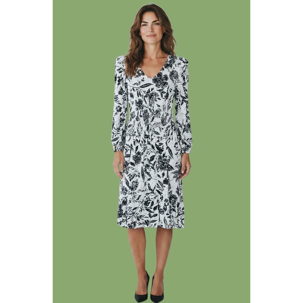 AQUA Women Blue Floral Smocked Linen Blend Midi Dress Ruffle Shoulder S Boho NWT